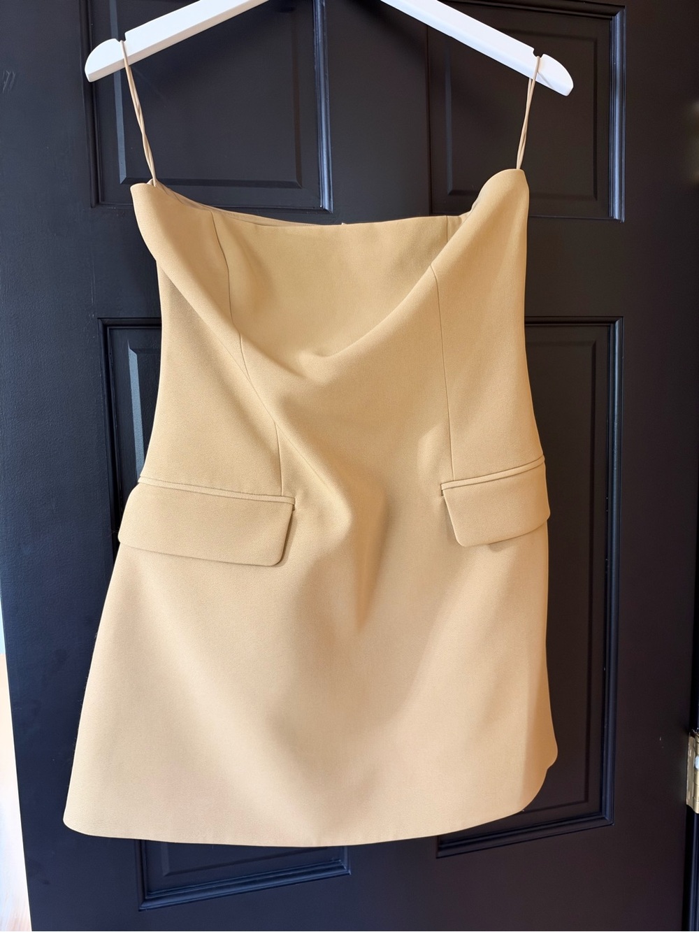 Alexis Camel Strapless Mini Dress with Flap Pockets